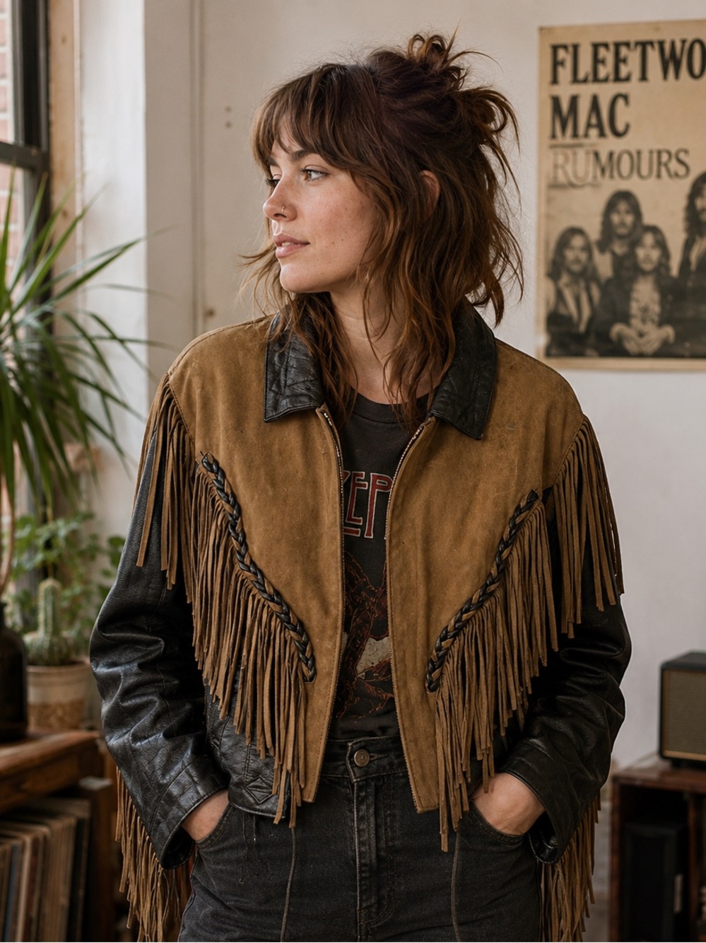 Vintage women’s leather and suede fringe motorcycle biker jacket